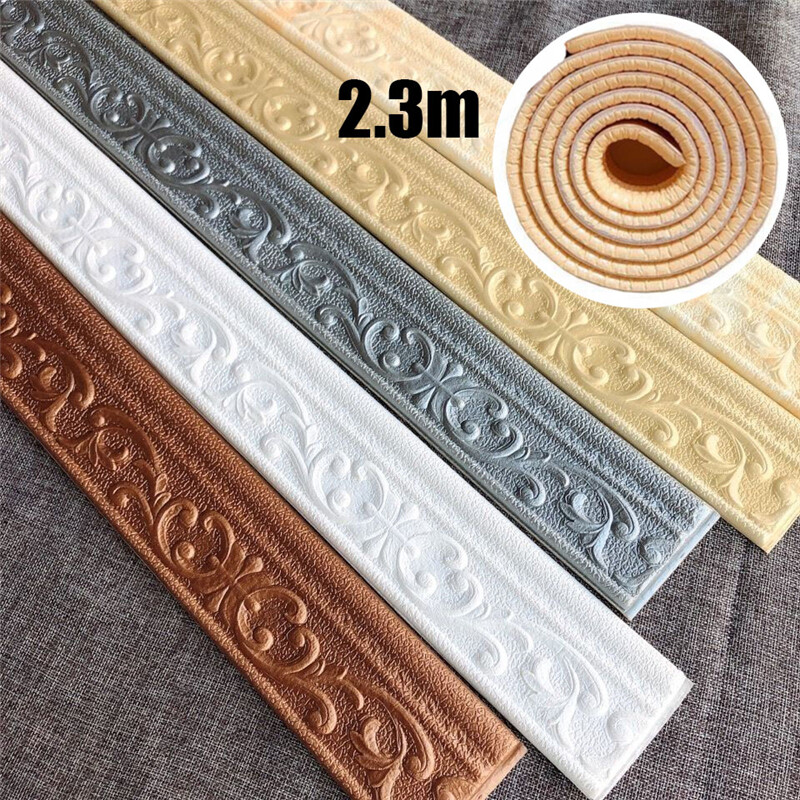 2.3mx8cm 3D Self-adhesive Foam Wall Stickers Waterproof Door Frame Edge Strip Edge Band Wall Skirt Living Room Decoration Waist Line Wallpaper Skirting Living Room Bedroom Home Decoration