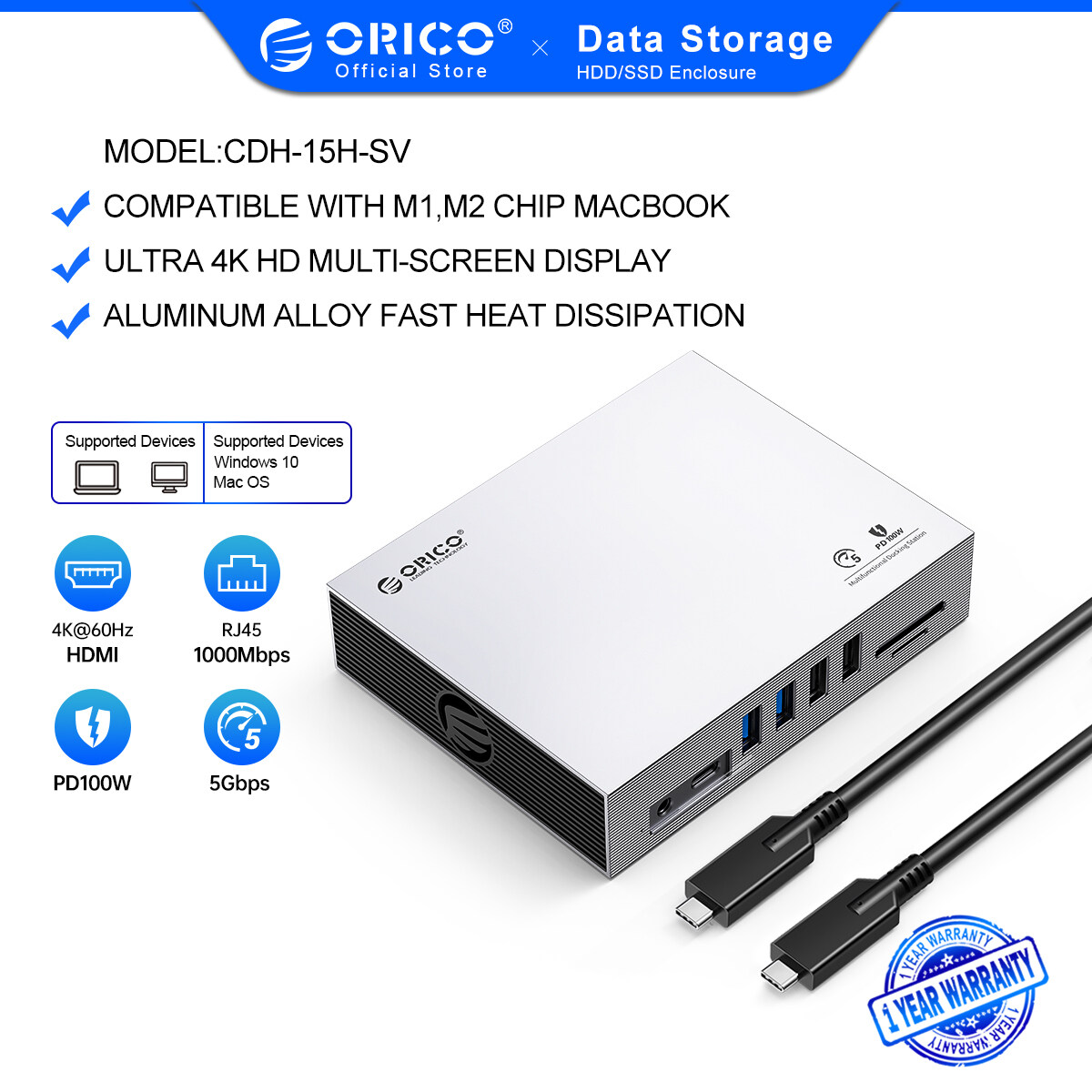 4K Triple Display USB C Docking Station, ORICO Cool and Stable USB HUBS 15 in 1 Compatible for MacBook M1 M2 and Windows(DP, 2 HDMI, USB C for Data, Audio and Charging, USB3.1, USB3.0, USB2.0, RJ45, SD/TF) - Midas Store