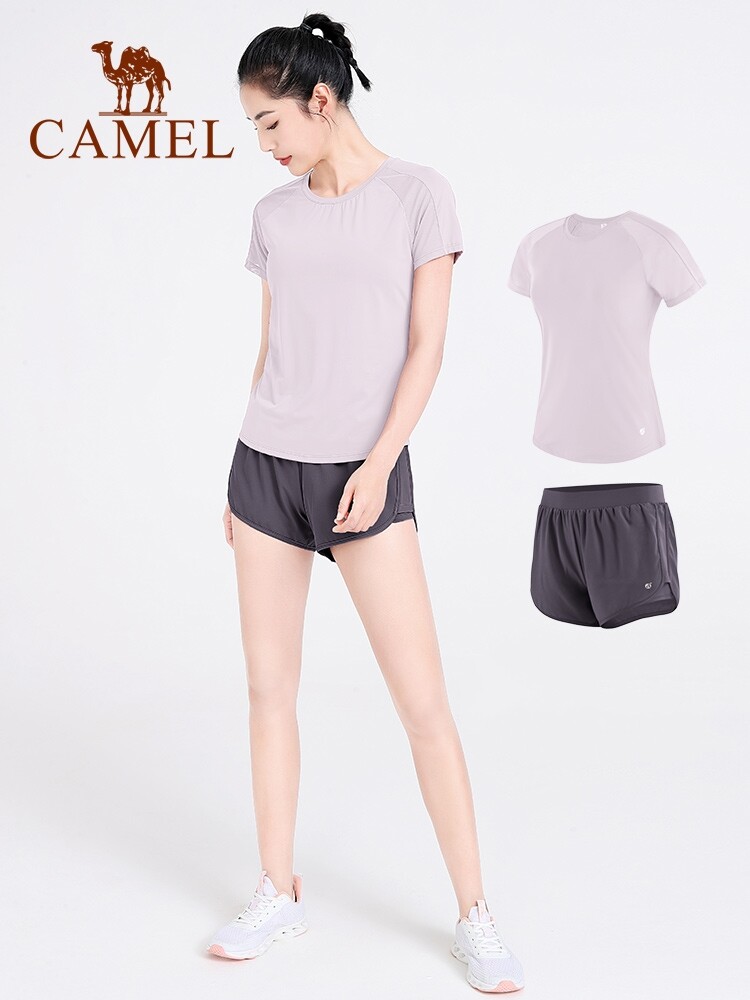 Camel 2 piece Sportswear Suit Women's Summer Yoga Clothes Casual Running Shorts Fitness T-shirt