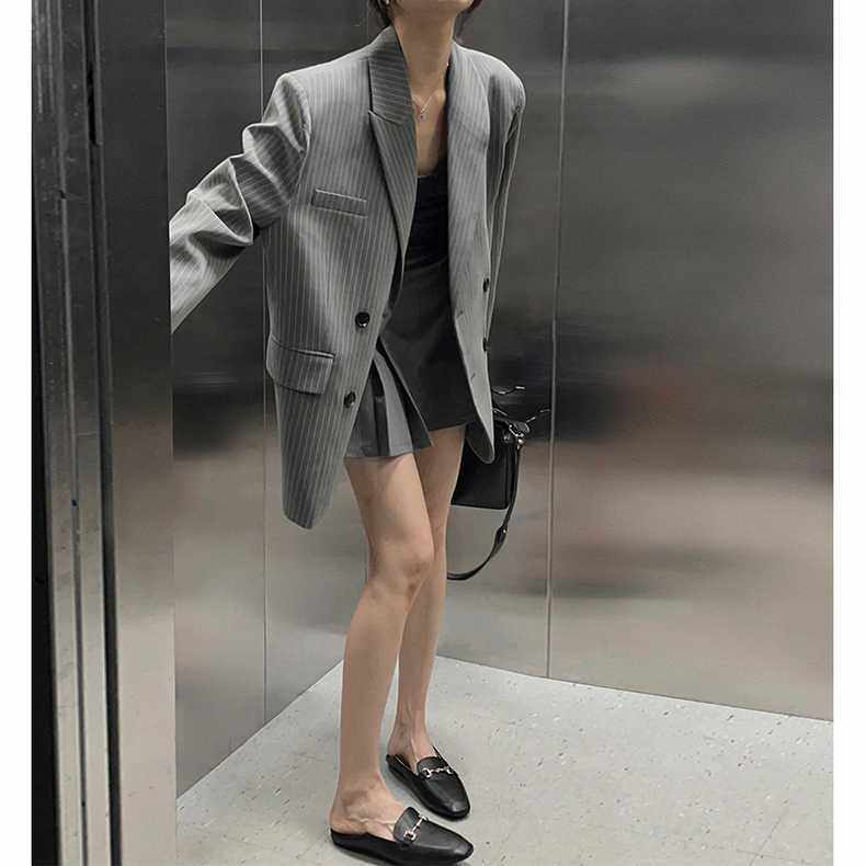 Autumn 2023 New French Temperament Casual Striped Pocket Double Breasted Suit Handsome Coat Top Woman Female Blazer