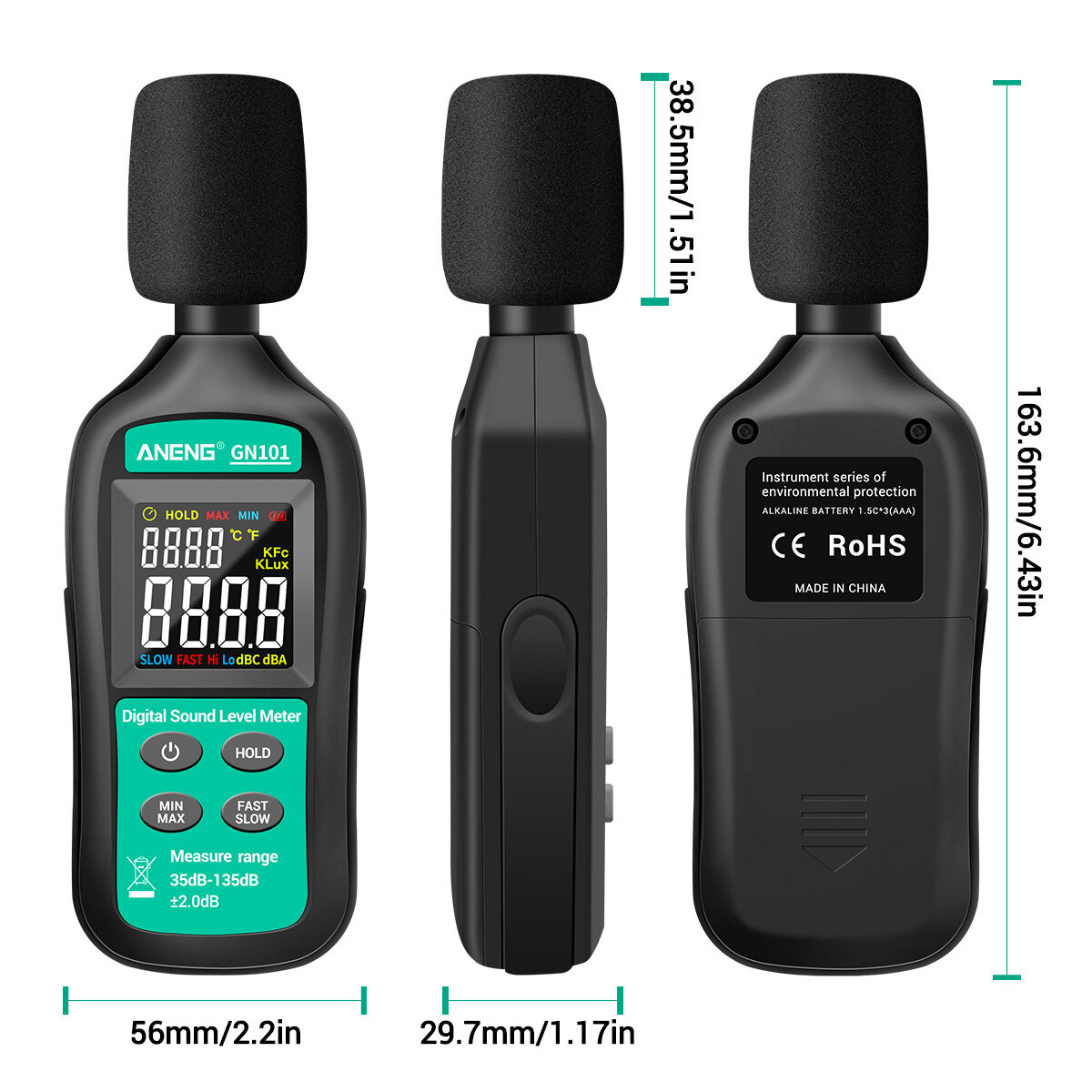 Smart Sensor Digital Noise Meter 35db-135db Decibel Meter LCD Display Sound Level Meter High-precision Sound Decibel Monitor Professional Noise Tester Household Noise Measuring Instrument with Condenser Microphone