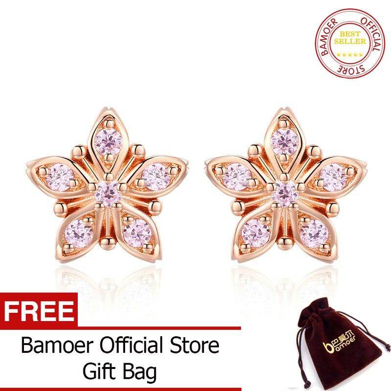 BAMOER Genuine 925 Sterling Silver Sakura Pink Flower Exquisite Stud Earrings for Women Wedding Party Jewelry Gift BSE034 Mar