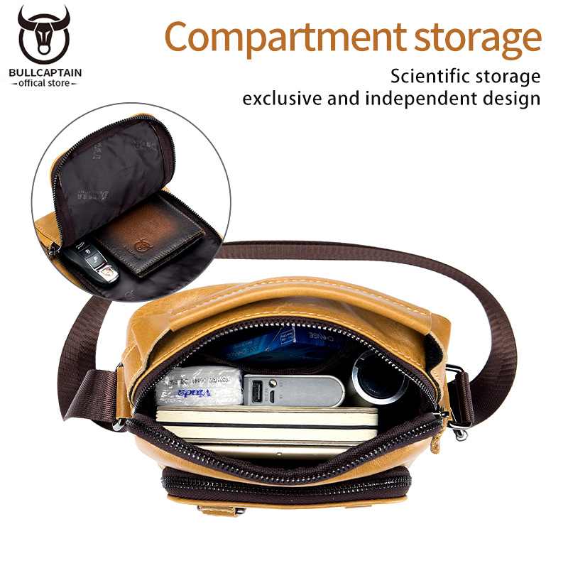 BULLCAPTAIN Leather Shoulder Messenger Bag Men's Classic Retro Multifunctional Double-Layer Storage Hanging Keychain Handbag