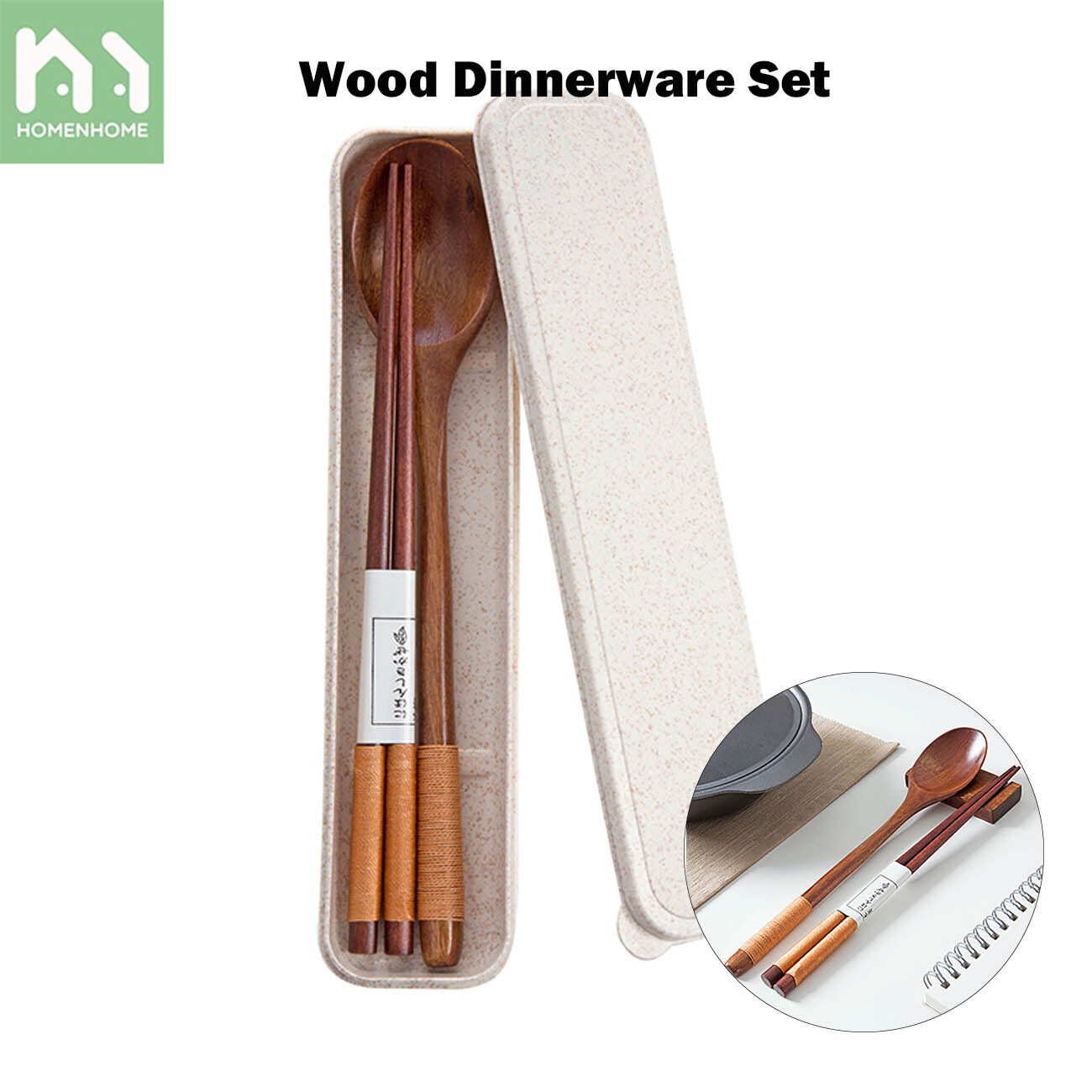 Homenhome Wood Dinnerware Set (1pcs Spoon+1 Pair Chopsticks+1pcs Dinnerware Box)
