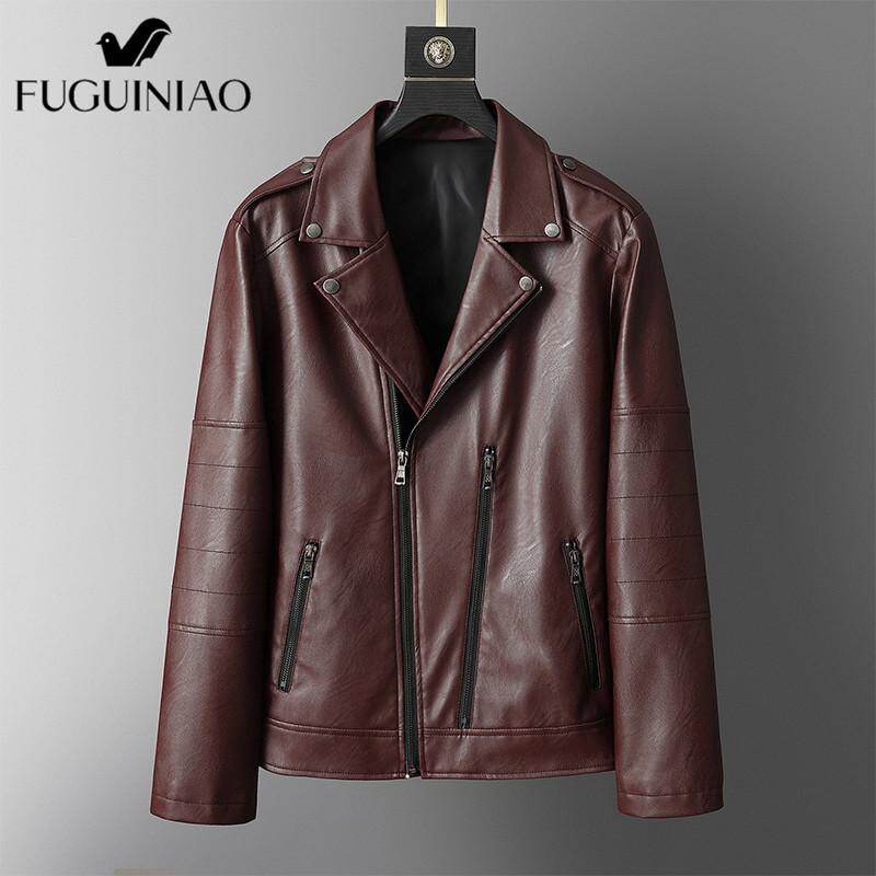 Fuguiniao 2019 New Fashion Man's Autumn Winter Black Faux Leather Jackets Zipper Basic Coat Turn-down Collar Biker Jacket With Blet