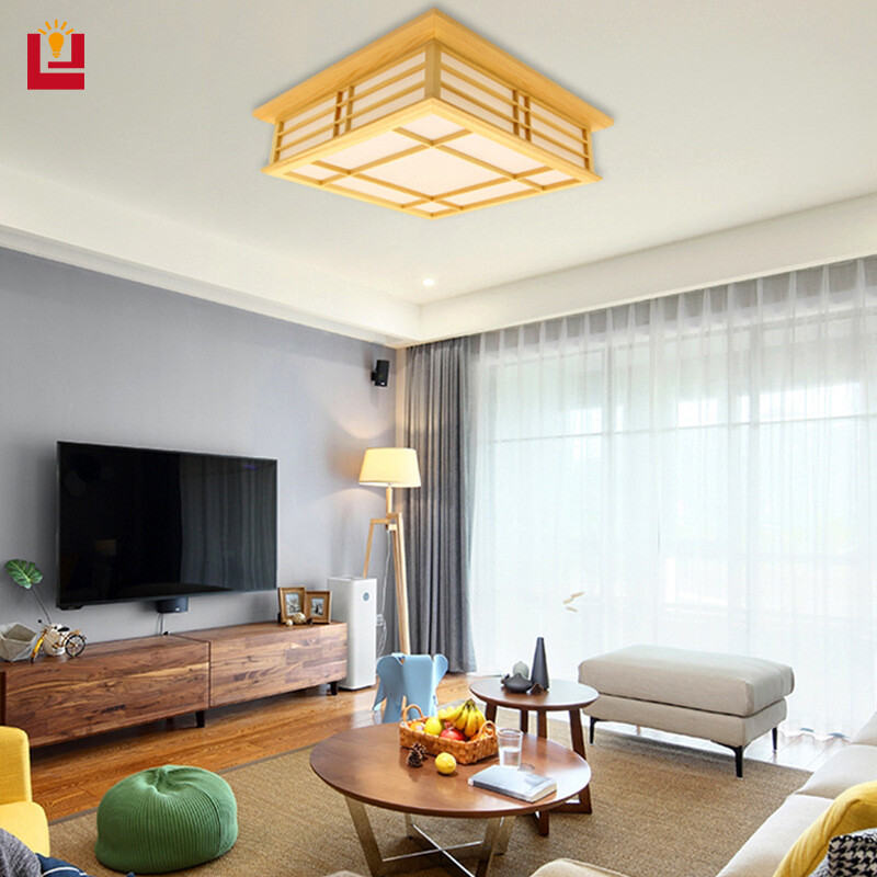 Japanese-Style Solid Wood Led Ceiling Lamp Korean-Style Pinus Sylvestris Sheepskin Lamp Room Decoration Lamp With Light Source Warm Light