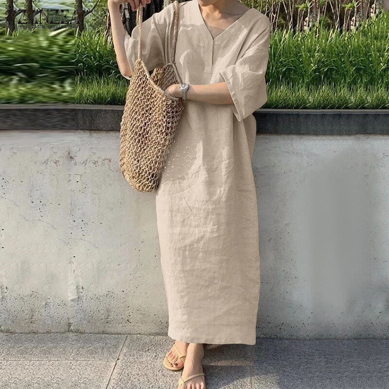 ZANZEA Đầm Dài Cotton Màu Trơn Cổ Chữ V Tay 3/4 Đơn Giản Cho Nữ Áo Kaftan Đầm Xòe Rộng #8