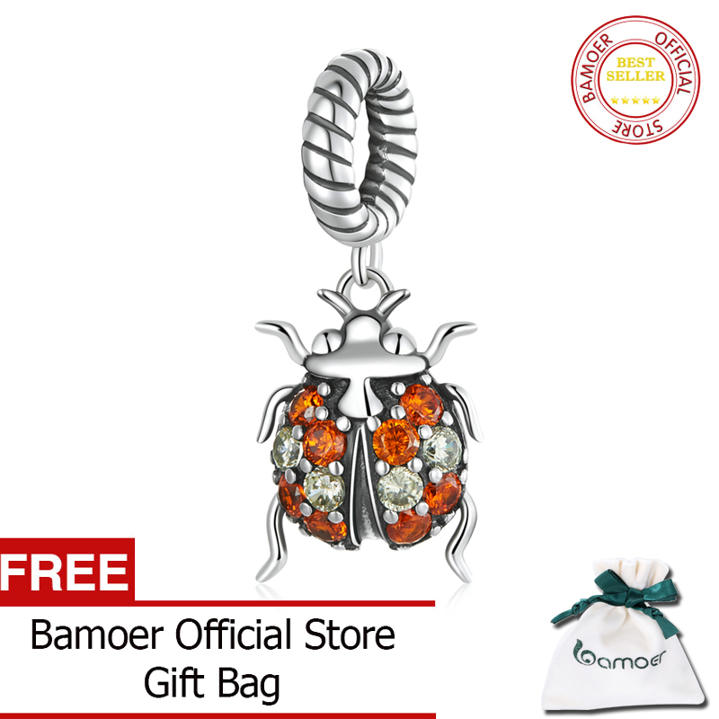 BAMOER 925 Sterling Silver Dazzling Stone Delicate Ladybug Pendant fit for Silver Bracelet or Necklace Fine Jewelry DIY Gift SCC2179