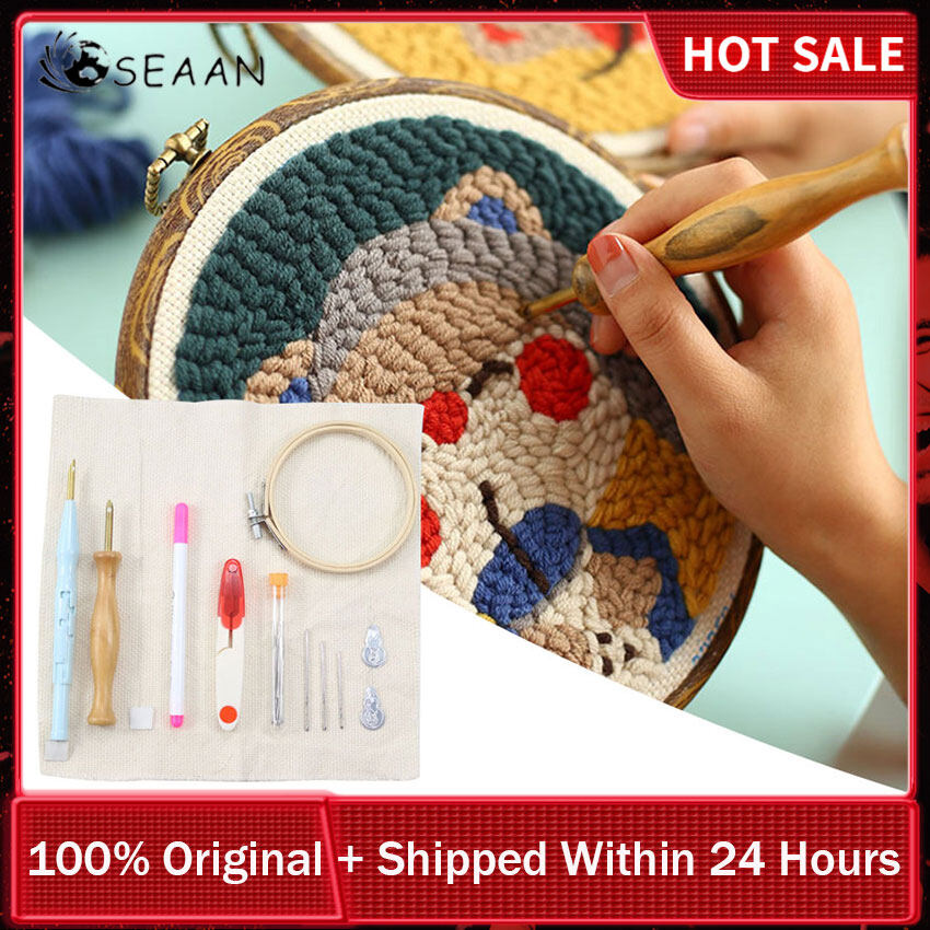 New Punch Embroidery Kits, 11pcs Punch Kit, Embroidery DIY Starter Kit, Punch, Embroidery Pen, Threader, Embroidery Cloth, Wooden Frame