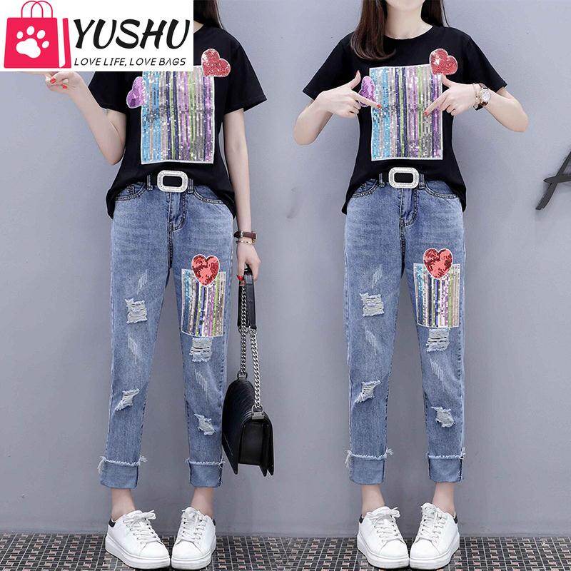 Yushu Women Jeans +T Shirt Sets Summer Women Sets Fashion Short Sleeve Sequins T Shirt + Hole Jeans 2pcs Large Size Female Girl Casual Denim Pants Suits Y81