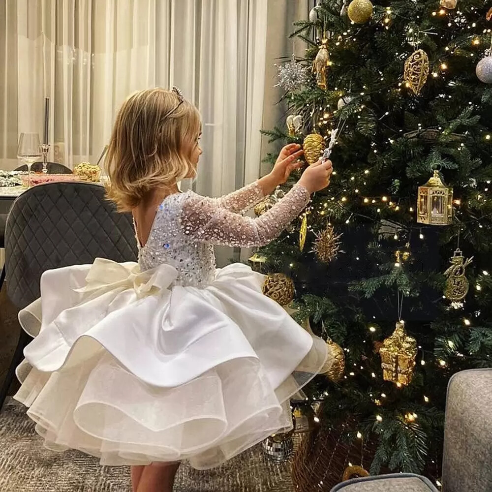 MQATZ Girls Dress Bridesmaid Wedding Birthday Gown Long Sleeve Party Dress For Children Lace Princess Kids Clothes Gown L5398