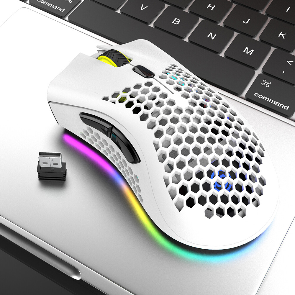 Chuột Chơi Game Không Dây 2.4G, Chuột Có Thể Sạc Lại Với Hiệu Ứng Ánh Sáng RGB 3 DPI Có Thể Điều Chỉnh Khoét Lỗ, Thiết Kế Tổ Ong Màu Đen
