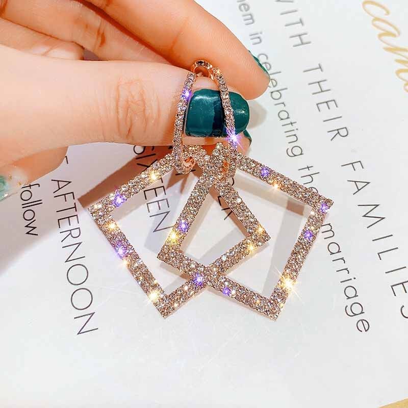 Phong Cách Mới Hàn Quốc Khí Chất Thời Trang Phát Ra Tia Lửa Rhinestone Hình Học Bông Tai Vuông Trang Sức Công Chúa