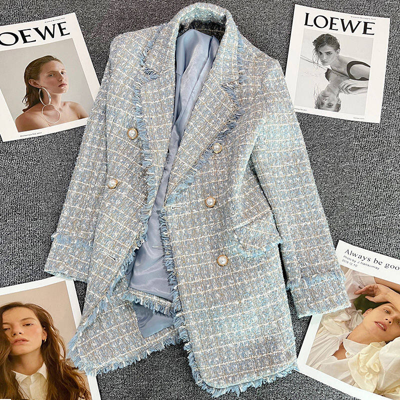 Blue Small Fragrance Jacket Korean Style Double Breasted Fashion Tweed Blazer Pearl Coat