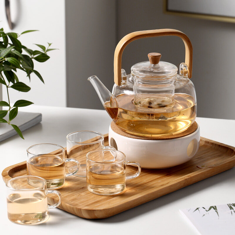 ONEISALL 1000ml Bamboo and wood handle portable teapot Teapot with glass strainer Make tea suite