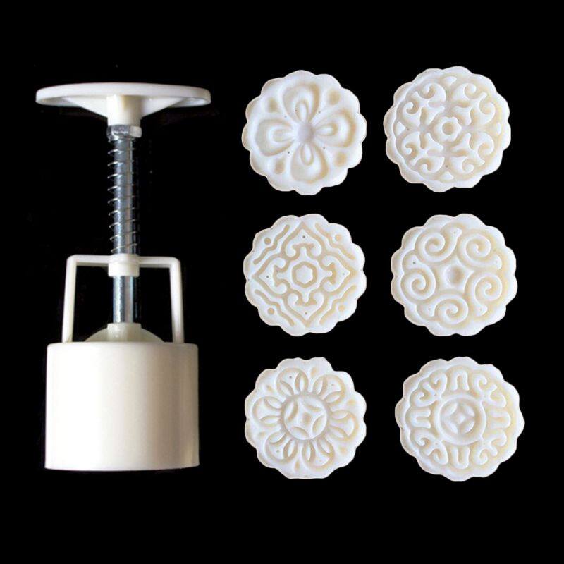 6pcs 3D Flowers Stamps Moon Cake Decor Mould Barrel Round Mooncake Mold 50g Pastry Mooncakes Hand DIY Tool