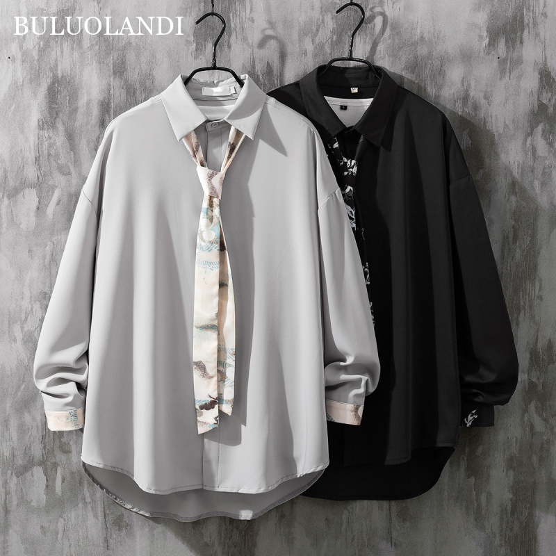 Buluolandi spring summer new button down shirts for men bow tie shirt male long sleeve flower top