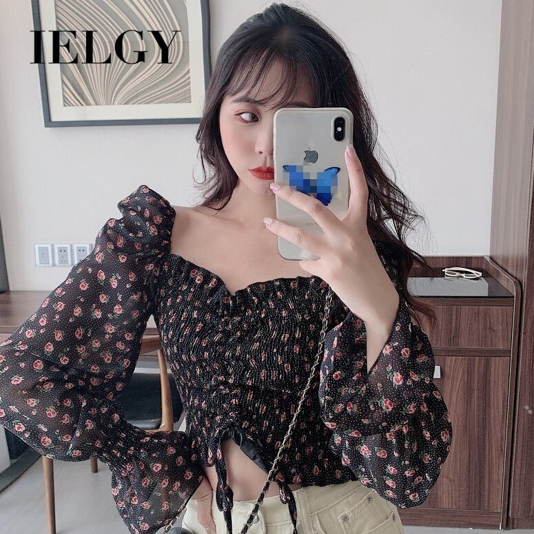 IELGY Long sleeve slim chiffon shirt short drawstring floral floral shirt women