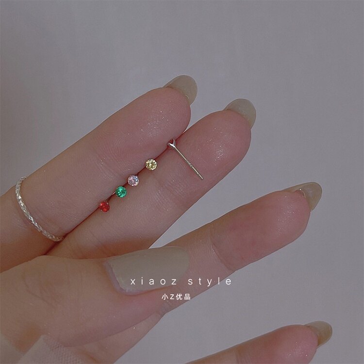 S925 Silver Super Flash Color Zircon Stud Earrings Simple Exquisite Mini Ear Bone Stud Accessories Gift
