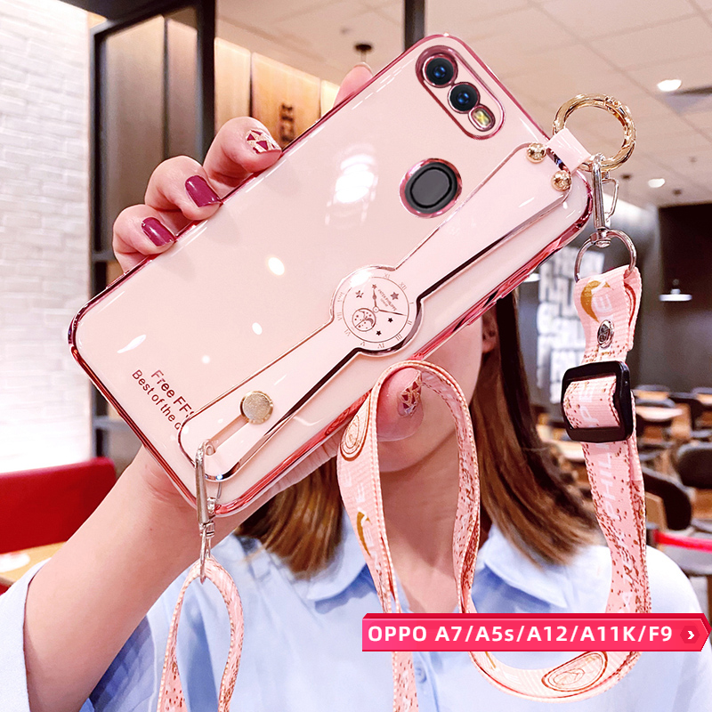 Wristband Phone Case For OPPO A7 / OPPO A5s / OPPO A12 / OPPO A11k / OPPO F9 Casing with Free long lanyard , Electroplating candy color case with Precise camera protection Case
