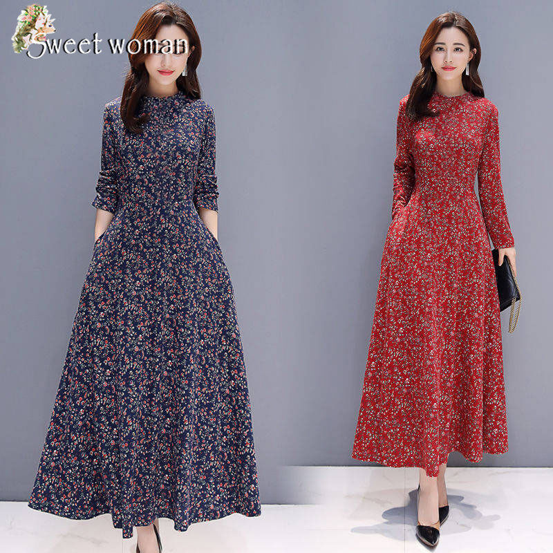 【SW】Long-sleeved dress, summer plus size, women's spring and autumn floral mid-length dress, thin waist long skirt