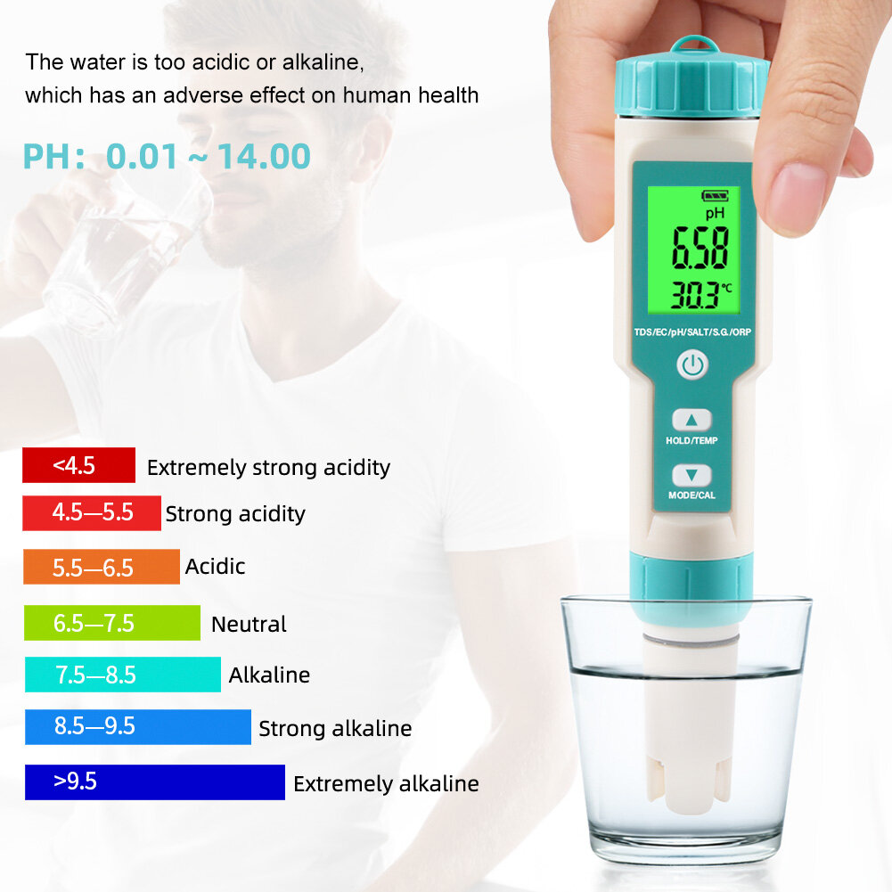 Yieryi pH Meter 7 in 1 PH/EC/TDS/Salinity/S.G/ORP/Temperature Water Quality Meter Hydroponics Tester IP67 Waterproof for Drinking Water, Aquarium