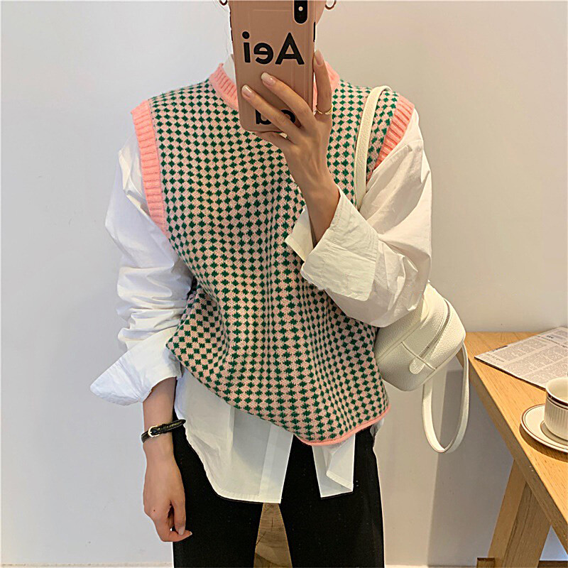 beautifultime Tiktok style Ladies Temperament Knitted Vest, Autumn Retro Style Contrast Color Plaid Round Collar Sleeveless Knitwear Casual Loose Tops
