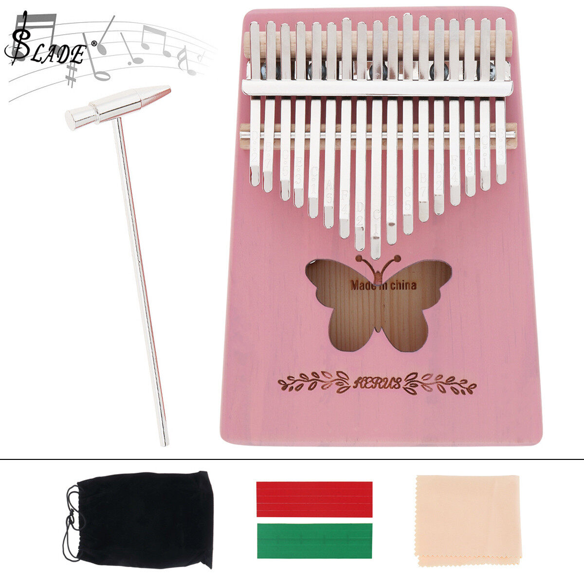 SLADE 17 Key Kalimba Pink Solid Pine Wood Butterfly Sound Hole Thumb Piano Mbira Mini Keyboard Instrument