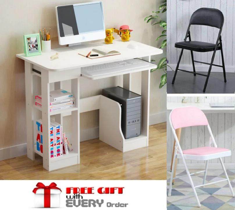 Forever Wooden Computer Desk With 2 Tier Shelves Keyboard Tray Drawer White Book Shelve Brown Free Cushion Foldable Chair