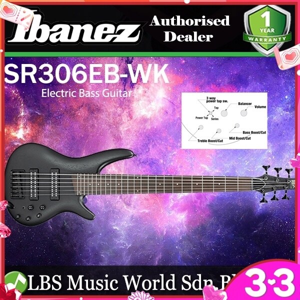 Ibanez Standard SR306EB 6 String Electric Bass Guitar With Mahogany Body Maple Neck - Weathered Black (SR306EB WK) Malaysia