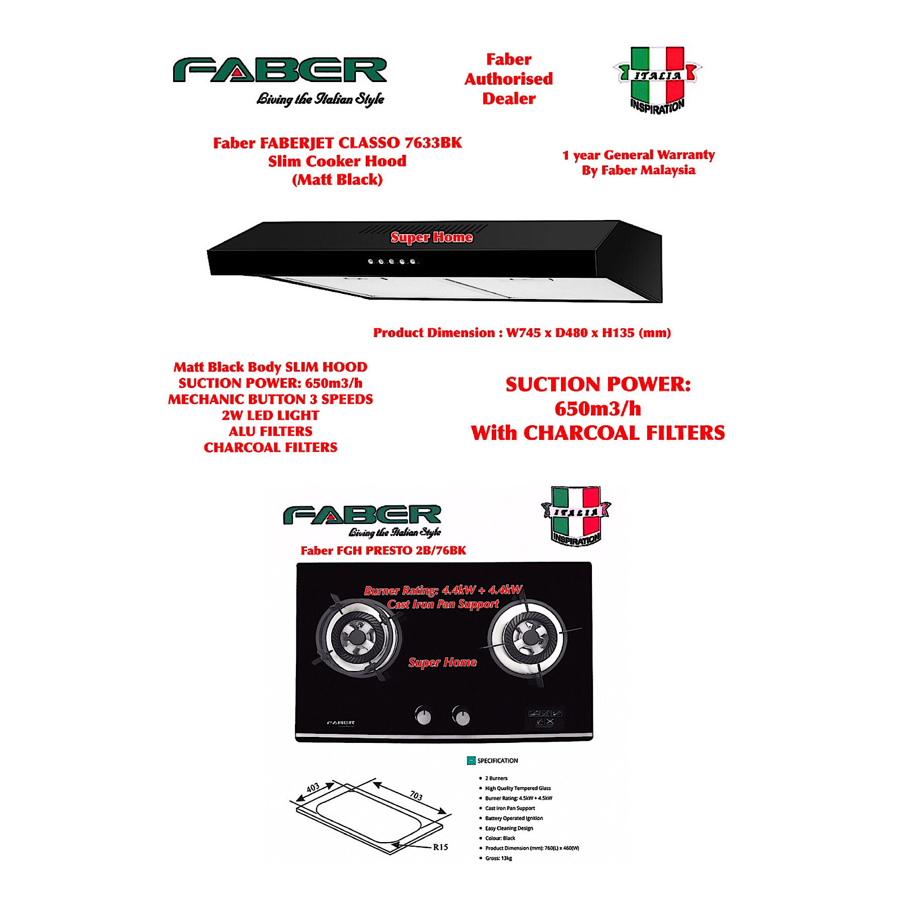 Faber Slim Hood FABERJET CLASSO 7633BK Slim Cooker Hood recirculating