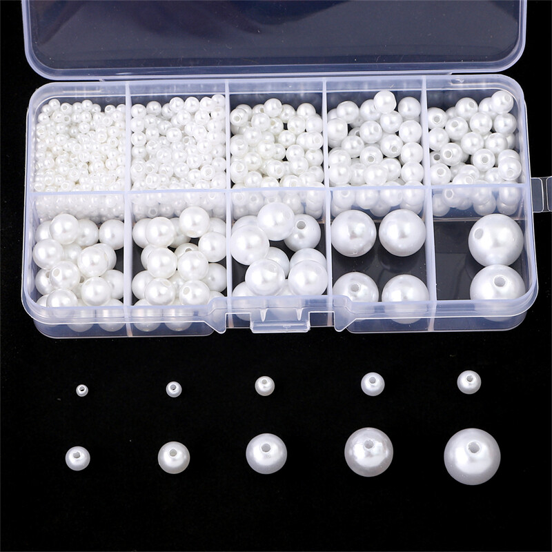 800 cái/hộp 3/4/5/6/8/10/12/14Mm ABS Giả hạt ngọc trai Thiết Lập Trắng Ngà Vòng hạt cườm Kit Cho Vòng tay tự làm trang sức Làm Vòng Cổ Phụ kiện thủ công