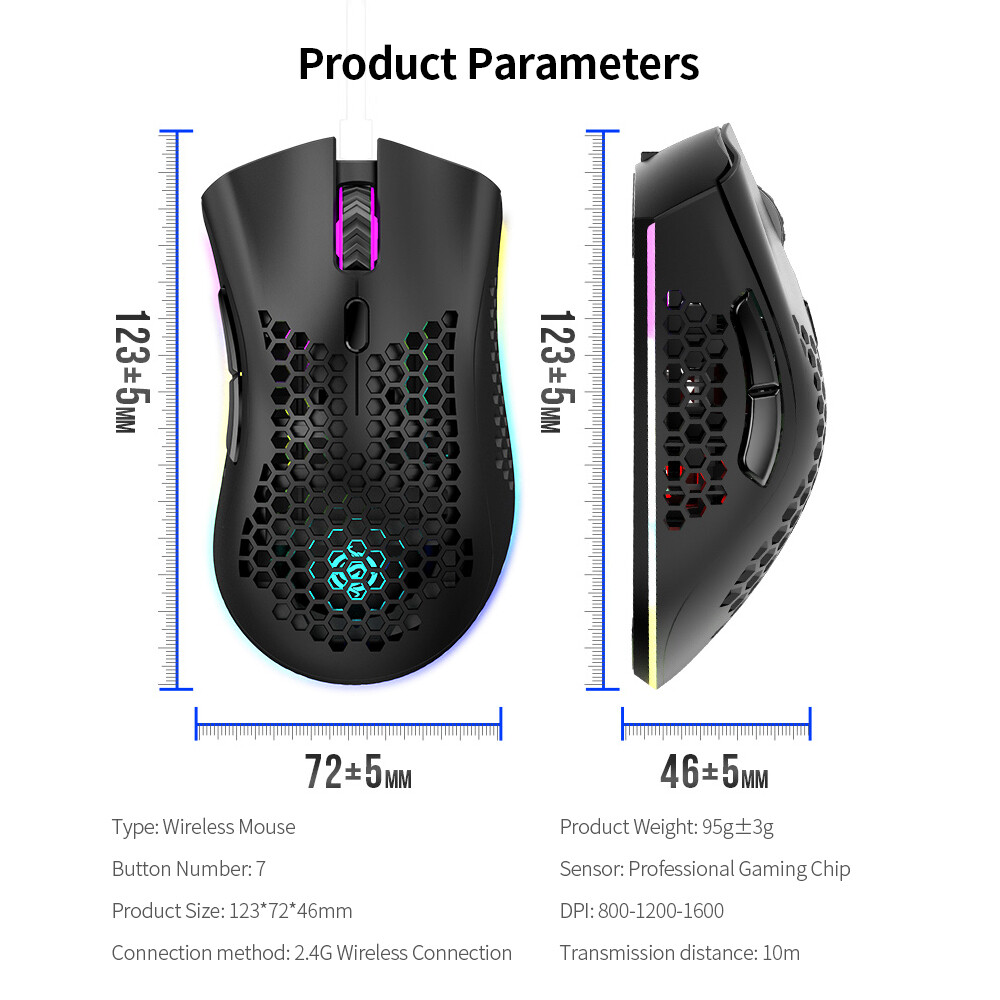 Chuột Chơi Game Không Dây 2.4G, Chuột Có Thể Sạc Lại Với Hiệu Ứng Ánh Sáng RGB 3 DPI Có Thể Điều Chỉnh Khoét Lỗ, Thiết Kế Tổ Ong Màu Đen