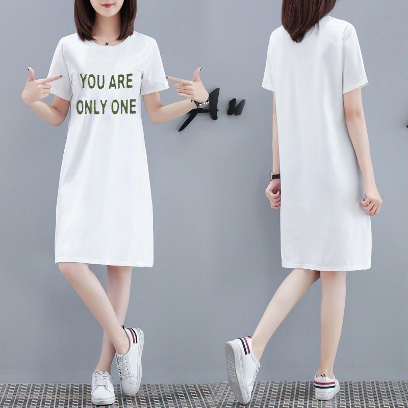 Plus size women's loose dress women's summer medium length short sleeve T-shirt