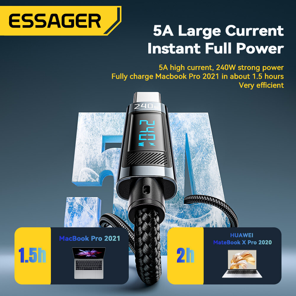 Essager PD 240W Loại C để Loại C Cáp sạc siêu nhanh 5A Sạc nhanh PD 3.1 Loại C Cáp cho iPhone 15 Xiaomi Redmi Huawei Mate 60 Pro Oneplus Samsung danh dự Oppo viv
