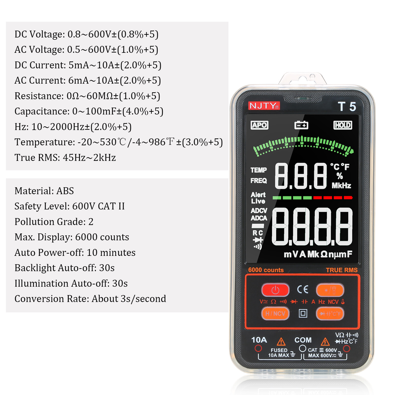 NJTY Đồng Hồ Vạn Năng RMS Thật Đếm T5 6000 Máy Kiểm Tra Thông Dụng Kỹ Thuật Số Máy Kiểm Tra Đa Năng Màn Hình LCD Lớn 3.8 Inch Vôn Kế 600V Ampe Kế 10A Vôn Kế Điện Áp AC/DC & Điện Trở Dòng Điện Thiết Bị Đo Điốt Nhiệt Độ Điện Dung Máy Đo NCV Với đèn Pin Kép