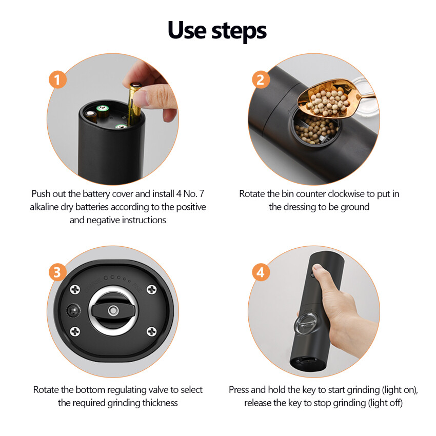 Electric Pepper Grinder, Battery Operated Salt Grinder, Automatic Pepper Mill, One-hand Button Control, Adjustable Coarseness, Black Peppercorn Grinder Refillable, Battery Not Included