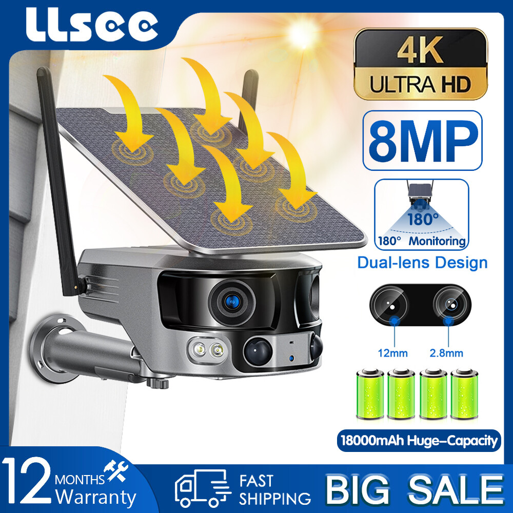LLSEE, optional WIFI or 4G, 4K 8MP ultra wide angle 180 °, IP security camera, outdoor solar CCTV monitoring camera AI detection, full color night vision, waterproof IP66 ราคา 4,736 บาท*ส่งฟรี