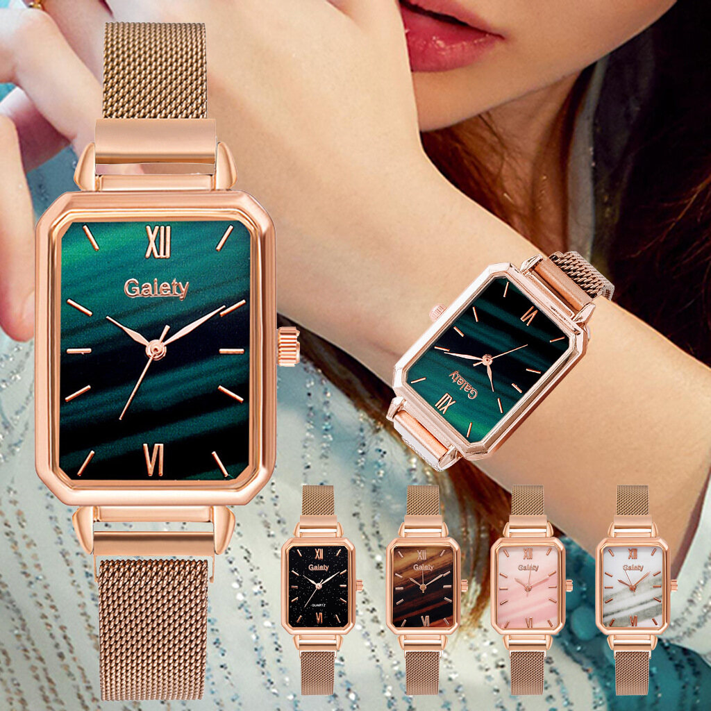 【PrettySet】Gaiety Brand Women Watches Fashion Square Ladies Quartz Watch Bracelet Set Green Dial Simple Rose Gold Weave Luxury Women's Watches