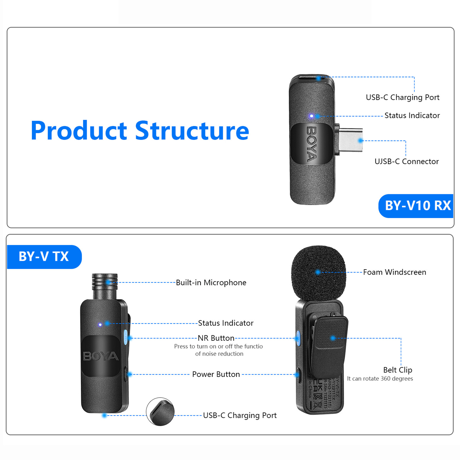 BOYA BY-V10 Hệ Thống Một Kích Hoạt 2.4G Mic-rô Không Dây Kẹp Điện Thoại Micro Đa Hướng Mini Micro Cài Ve Áo Tự Động Ghép Nối Thông Minh Giảm Tiếng Ồn 50M Phạm Vi Truyền Tín Hiệu Thay Thế Cho Huawei Kiểu Samsung-C Điện Thoại Thông Minh Android
