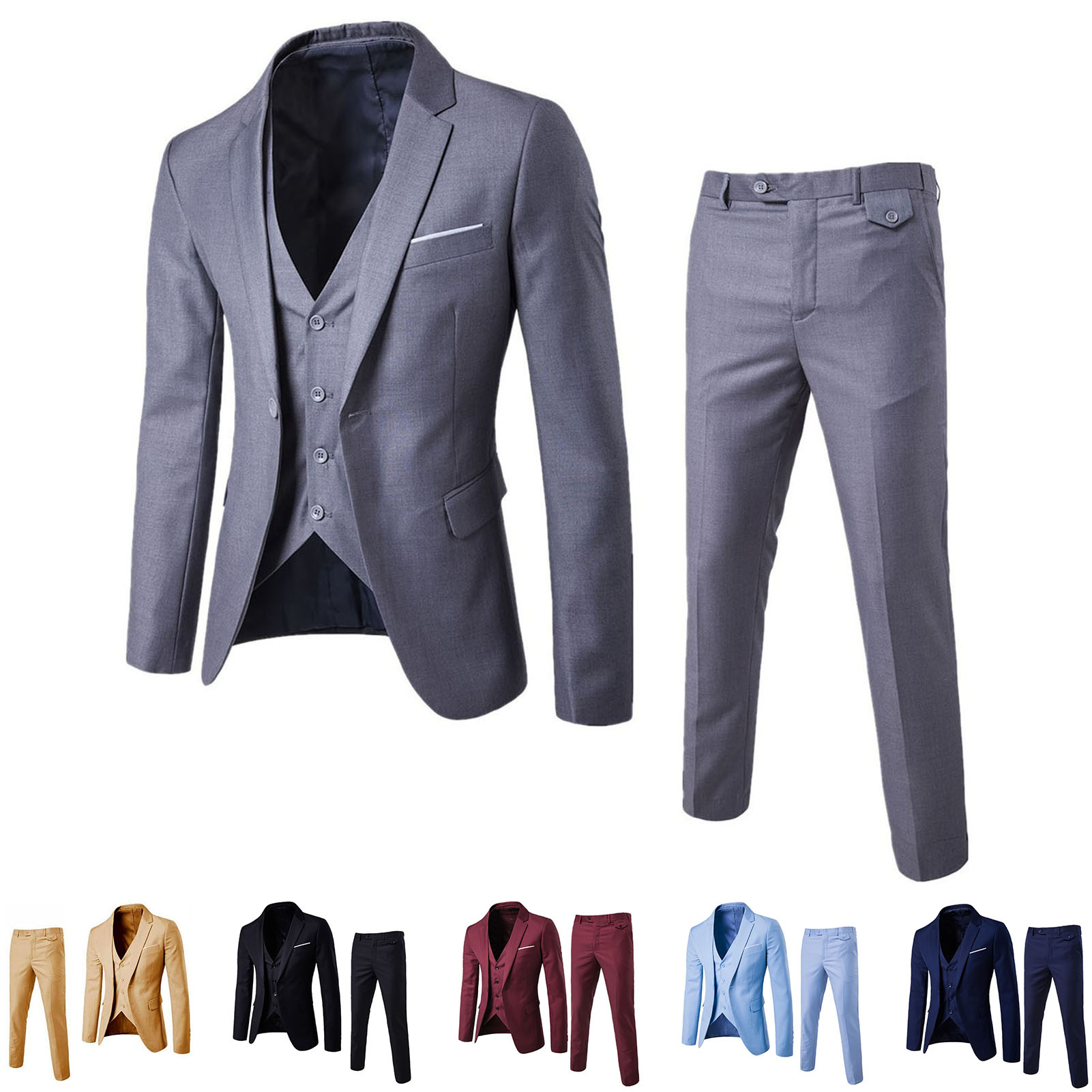 Benferry 2Pcs/Set Plus Size Men Solid Color Long Sleeve Lapel Slim Button Business Suit 【Asian Size relatively Smaller】
