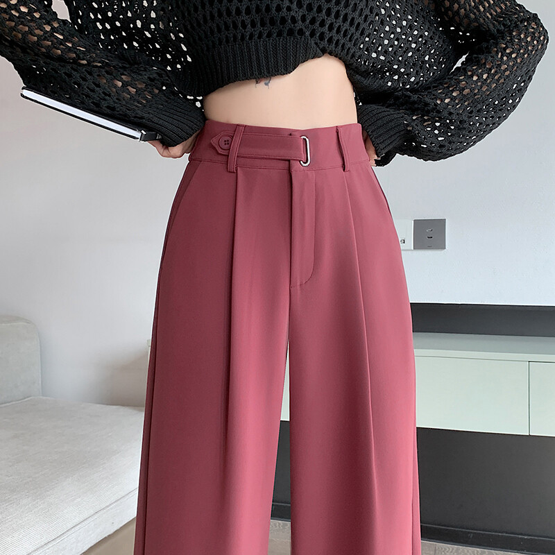 YIGE red suit pants for women in autumn, high waisted, slim and draped casual pants, small and high-end, narrow version wide leg pants