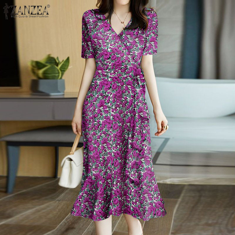 Celmia zanzea womens fashion v neck wrap ties short sleeves ruffle hem floral dress #7
