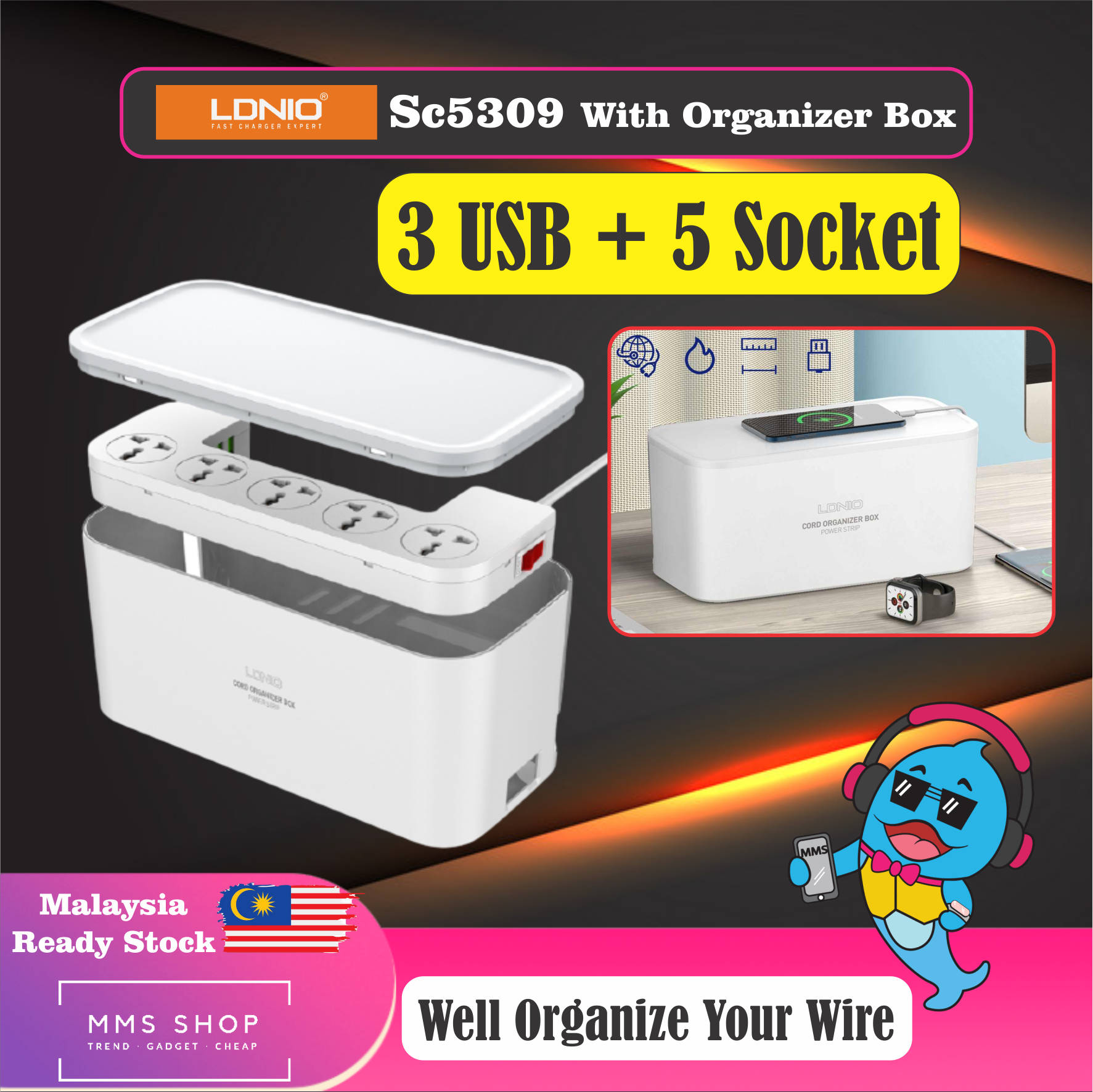 LDNIO SC5309 MANAGEMENT POWER STRIP BOX 5 EXTENSION SOCKET PORT + 3 USB