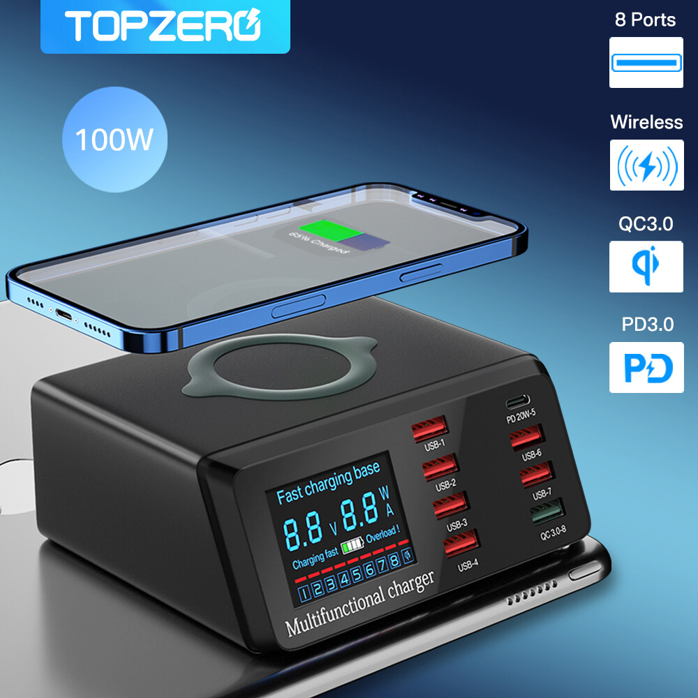 TOPZERO 100W 8 Ports USB Charger Quick Charge 3.0 Adapter HUB Wireless Charger Charging Station PD Fast Charger For iPhone iPad Samsung Tablet