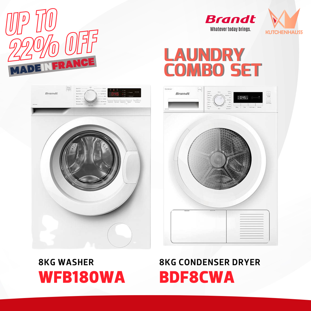 Brandt 8kg Front Load Washer WFB180WA + Brandt 8kg Front Load Condenser