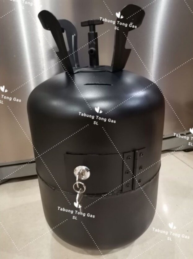 【GW】Ready Stock Tabung Tong Gas Duit Syiling Aircond Colour Flat Black Ada Pintu Dan Kunci Piggy