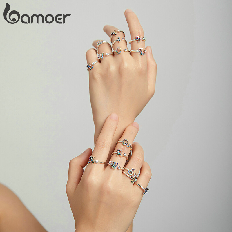 BAMOER 925 Sterling Silver Stackable Initial Letter Rings for Women Capital Letter Adjustable Ring Size 6-8 Jewelry SCR723