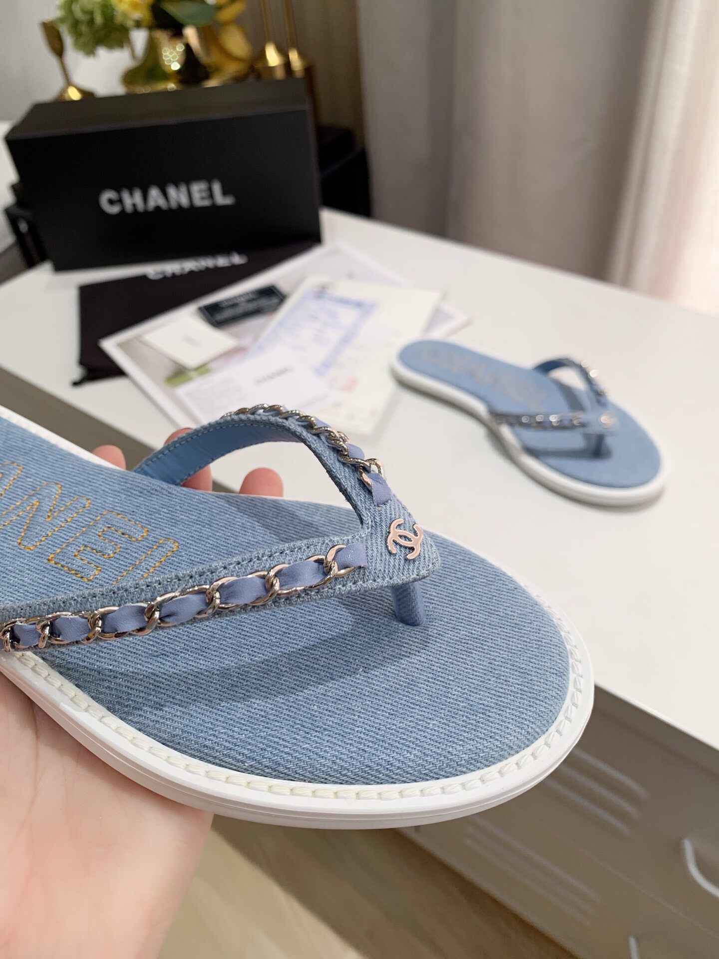 Chanel denim flip discount flops