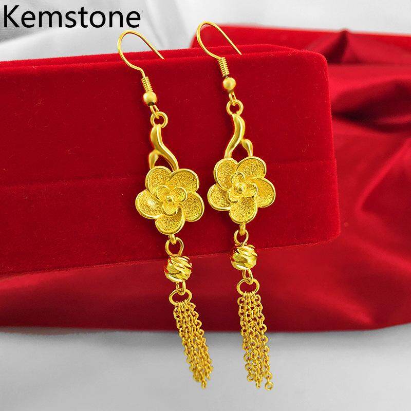 Kemstone Tassel Brass 24K Gold Plated Flowers Women Long Dangle Earrings Jewelry Gift